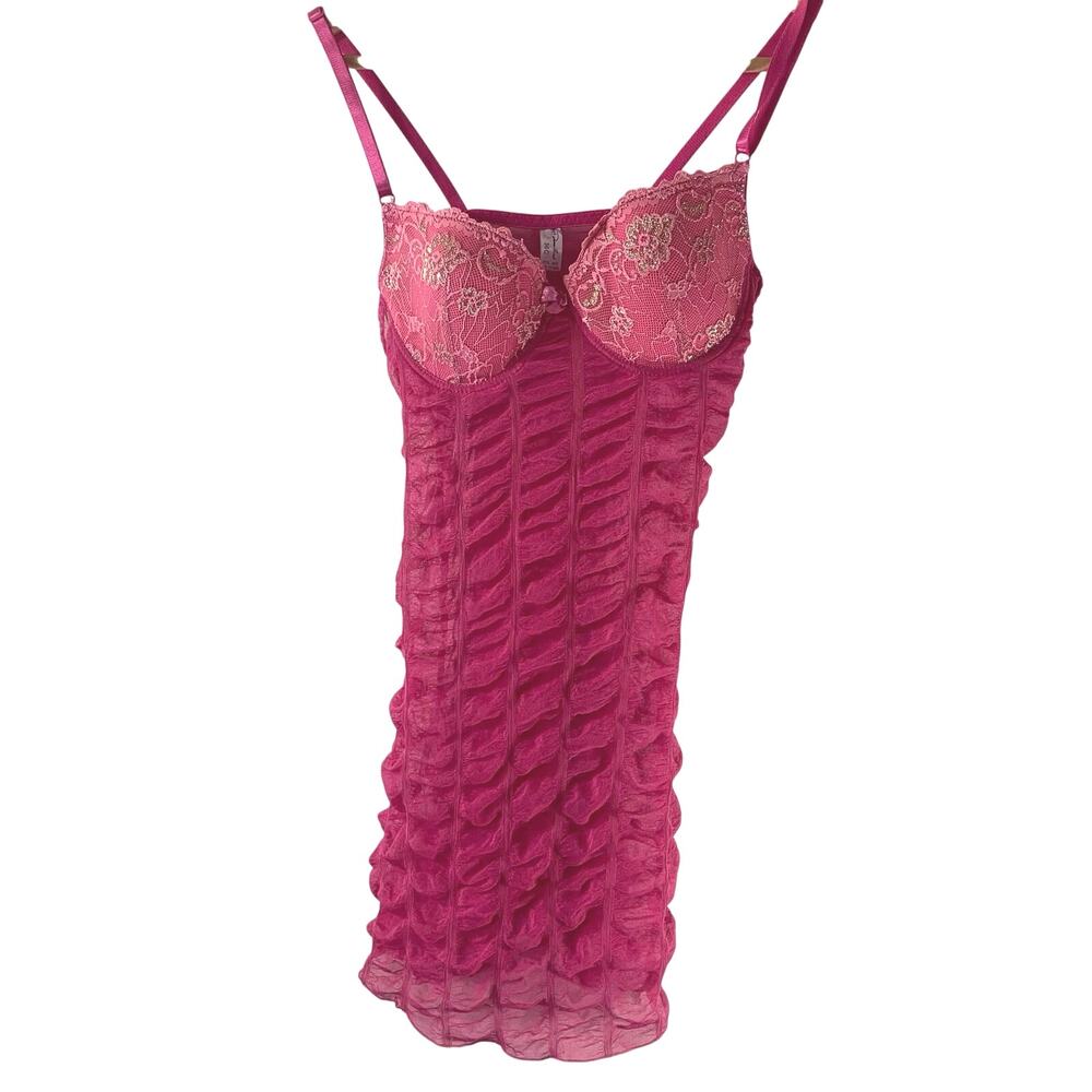 Diana Secret Pink Ruched Lingerie Mini Dress 36C Bra Sparkly Sheer Stretch J832